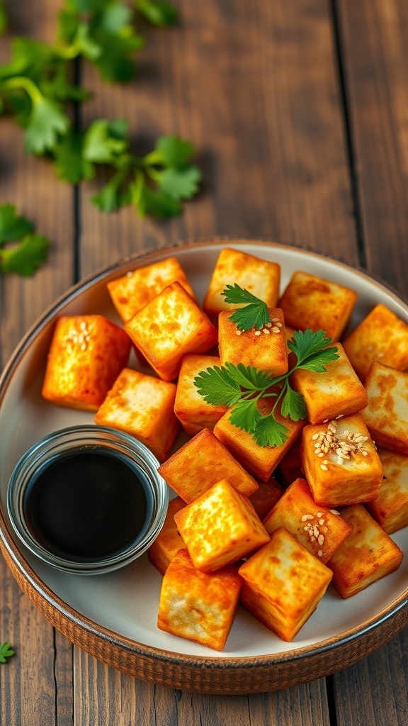 Crispy fried tofu cubes served with soy sauce and garnished with cilantro on a wooden table.
